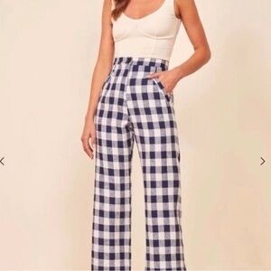 Reformation Navy and White Gingham Wide Leg Pants